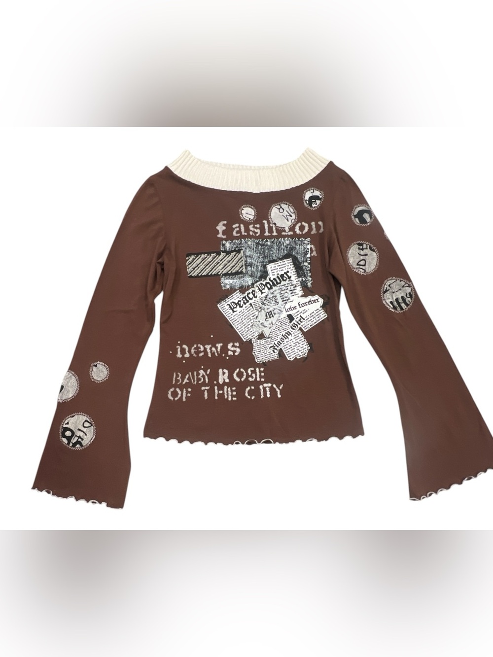 Y2K Vintage EQ Collection Graphic Long Sleeve Top Brown Bell Sleeve Harajuku